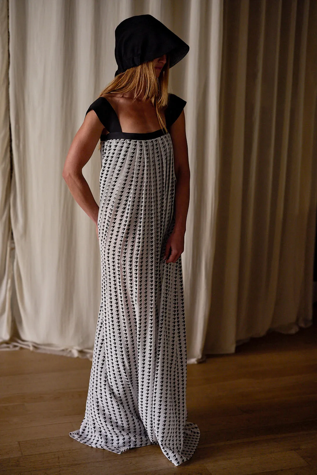 Hand Pleated Peony Dress | Crepe de Chine Custom Houndstooth