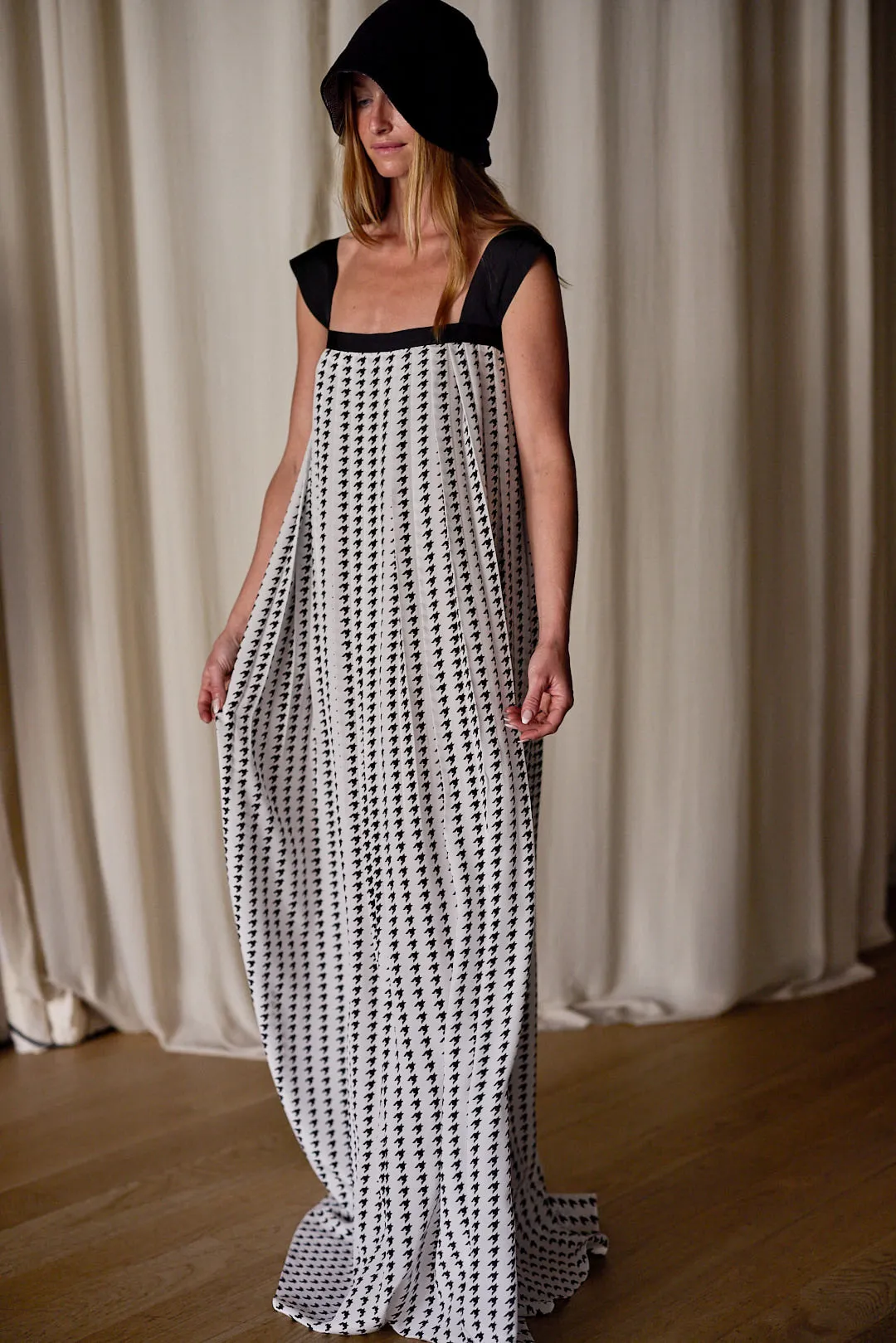 Hand Pleated Peony Dress | Crepe de Chine Custom Houndstooth