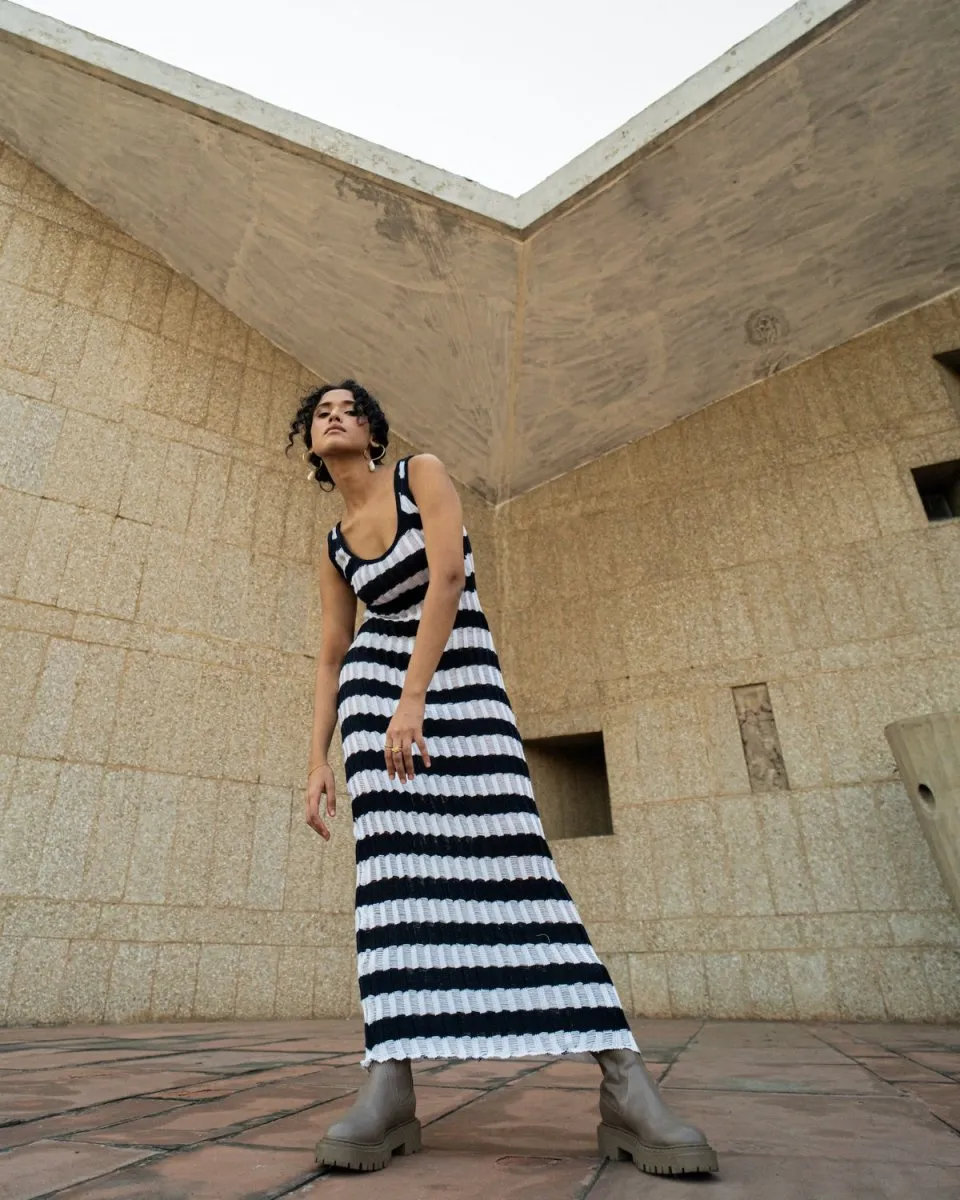 Lara Dress - Hand Knitted Maxi Dress | Blue & White
