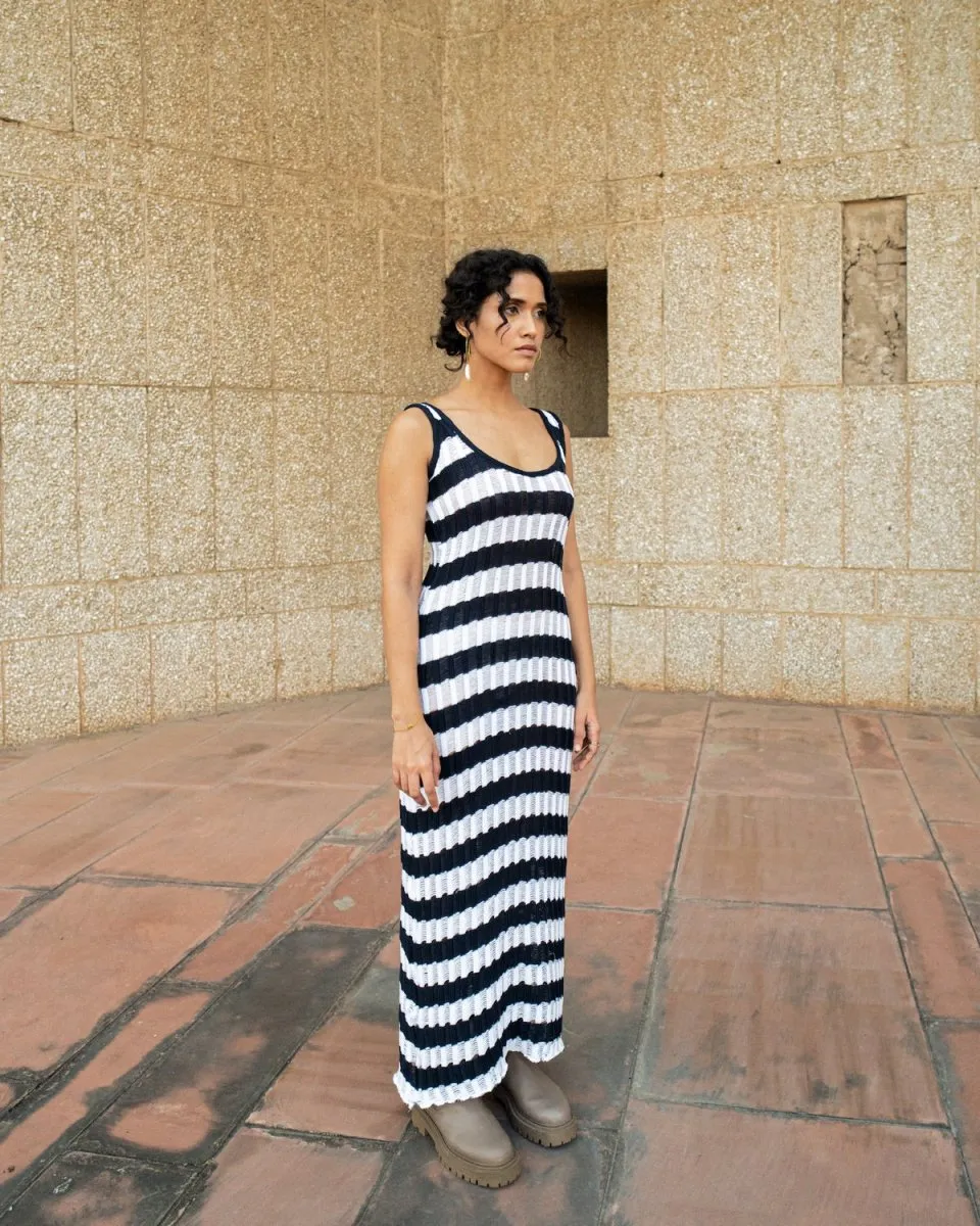 Lara Dress - Hand Knitted Maxi Dress | Blue & White