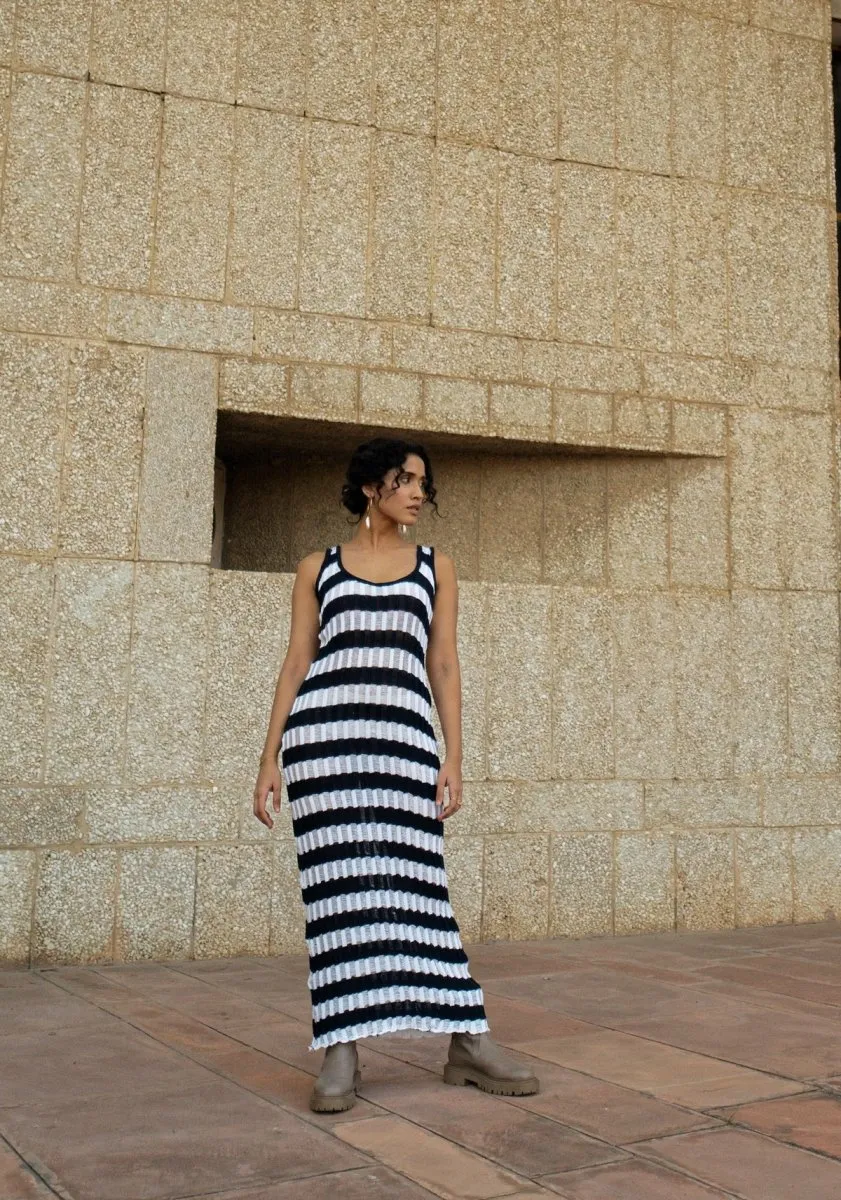 Lara Dress - Hand Knitted Maxi Dress | Blue & White