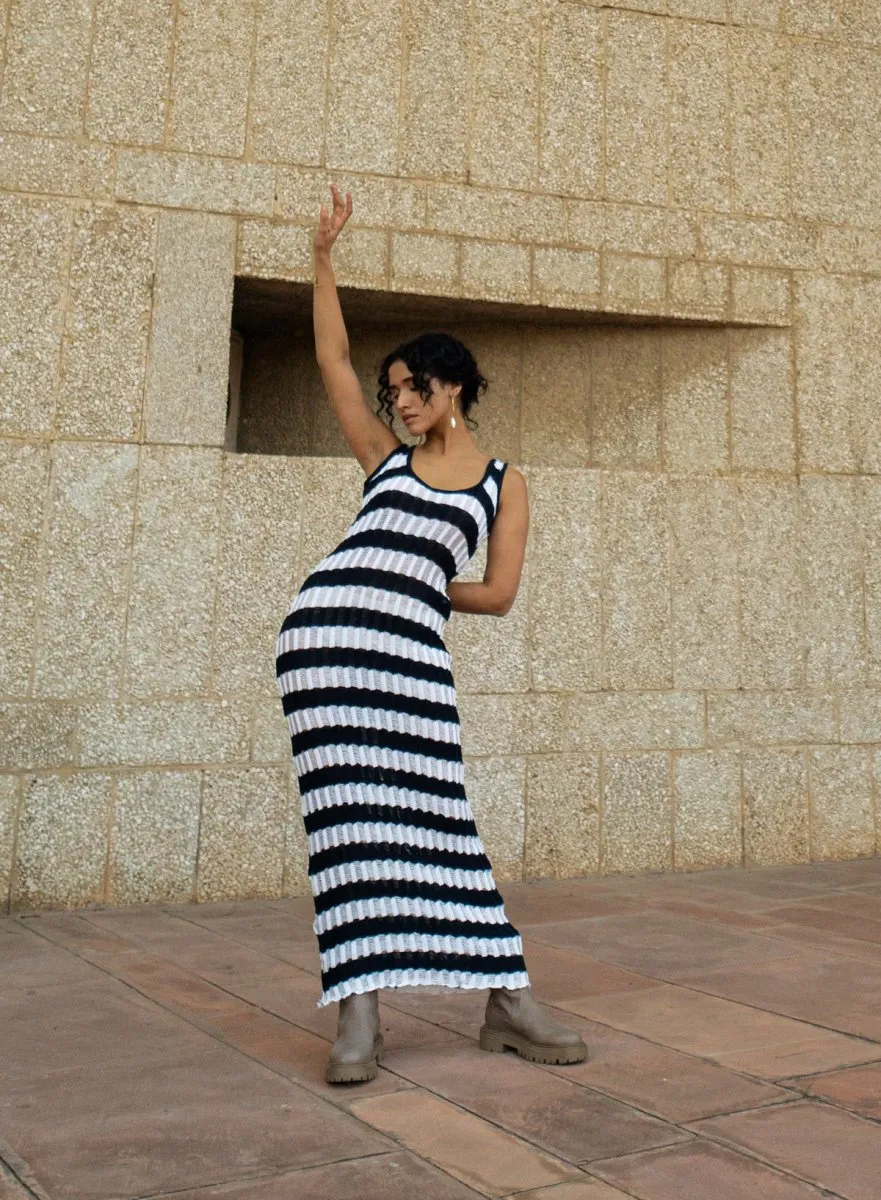Lara Dress - Hand Knitted Maxi Dress | Blue & White