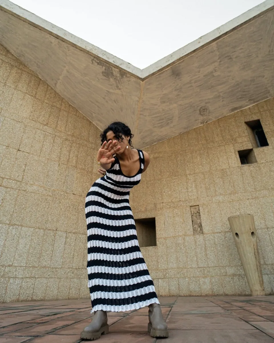 Lara Dress - Hand Knitted Maxi Dress | Blue & White