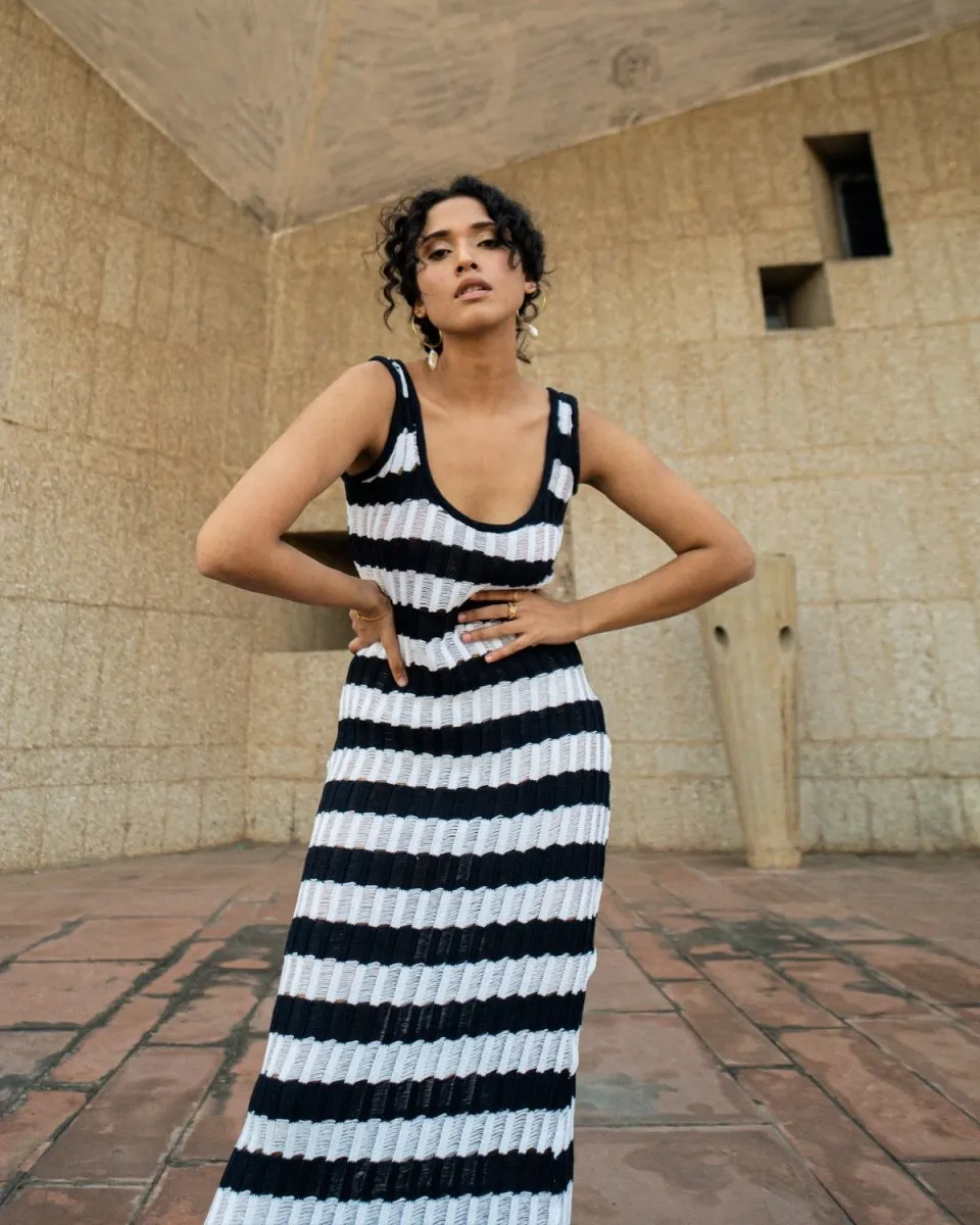Lara Dress - Hand Knitted Maxi Dress | Blue & White