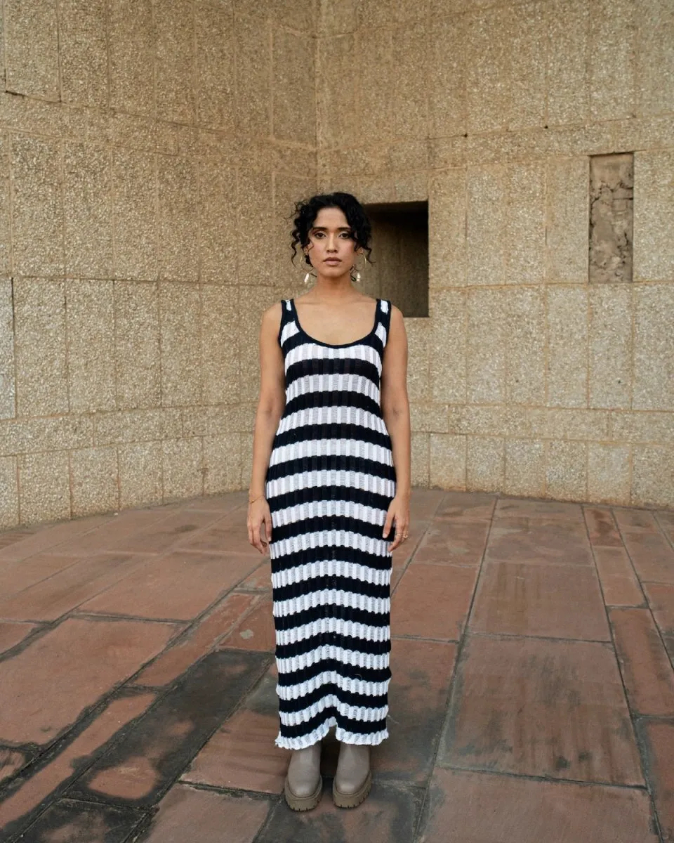 Lara Dress - Hand Knitted Maxi Dress | Blue & White