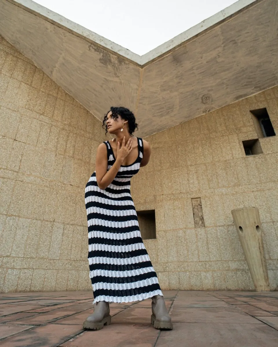 Lara Dress - Hand Knitted Maxi Dress | Blue & White