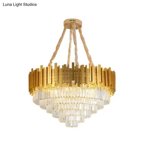 Modern Style Brass Hanging Chandelier with Crystal Block - Multi-Light Metal Fixture