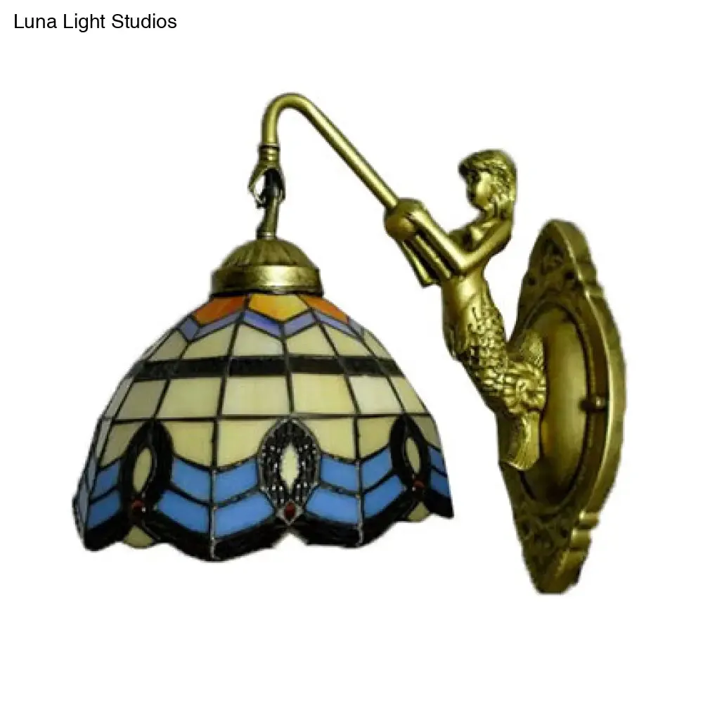 Yellow-Blue Glass Wall Sconce with Mermaid Decoration